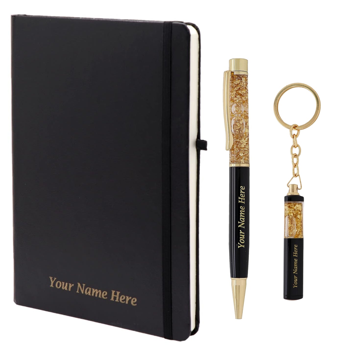 Crownlit Gift Set, Black and Gold Pen with Keychain and Notebook, Customizable Name
