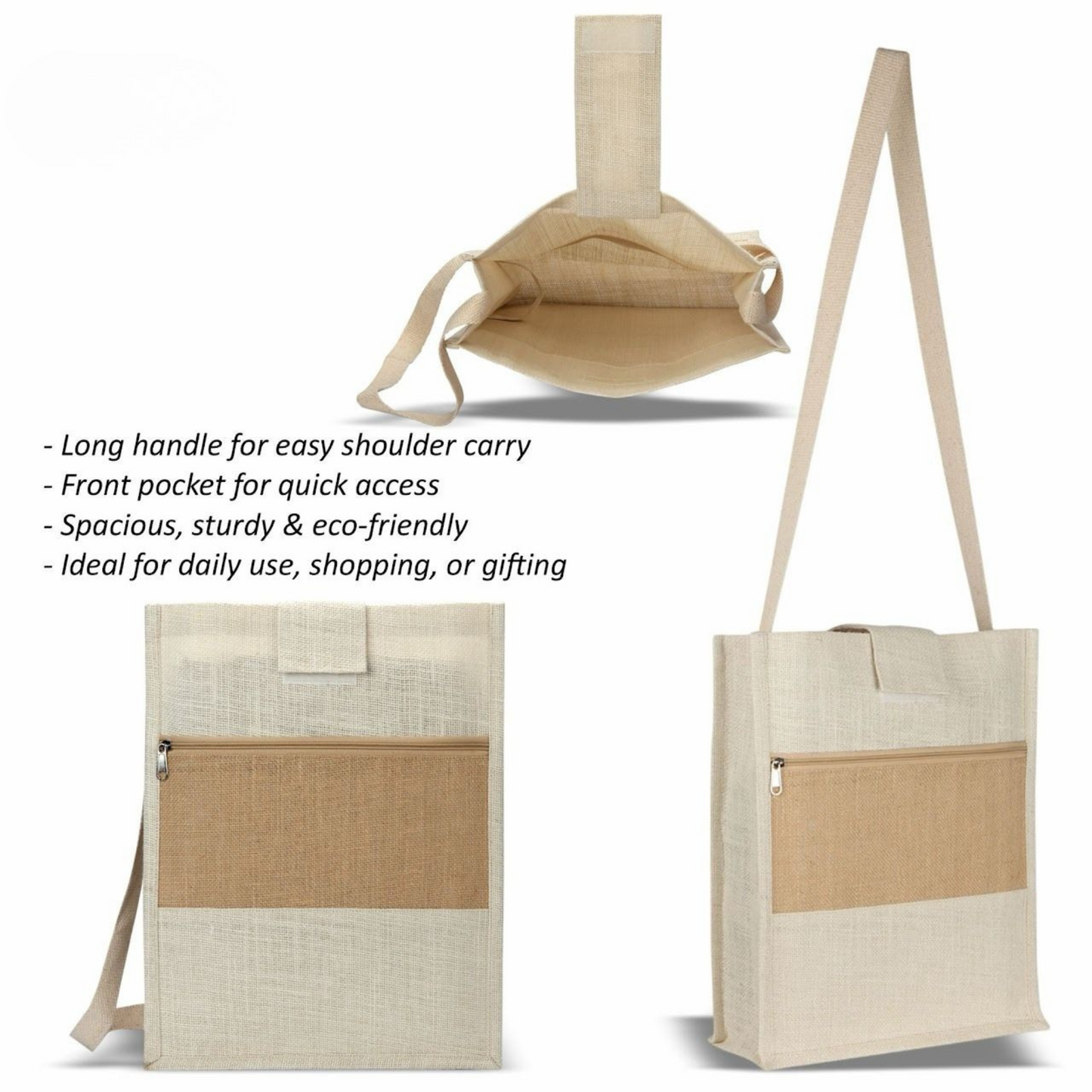 Jute Shoulder Bag with Long Handle, Front Pocket, Pack of 2.