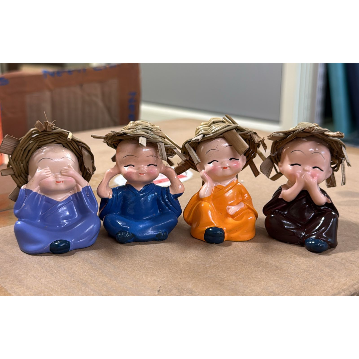Set of 4 Cute Mini Monk Figurines with Straw Hats Smiling Buddha Monk Showpiece for Home, Car Dashboard & Office Décor