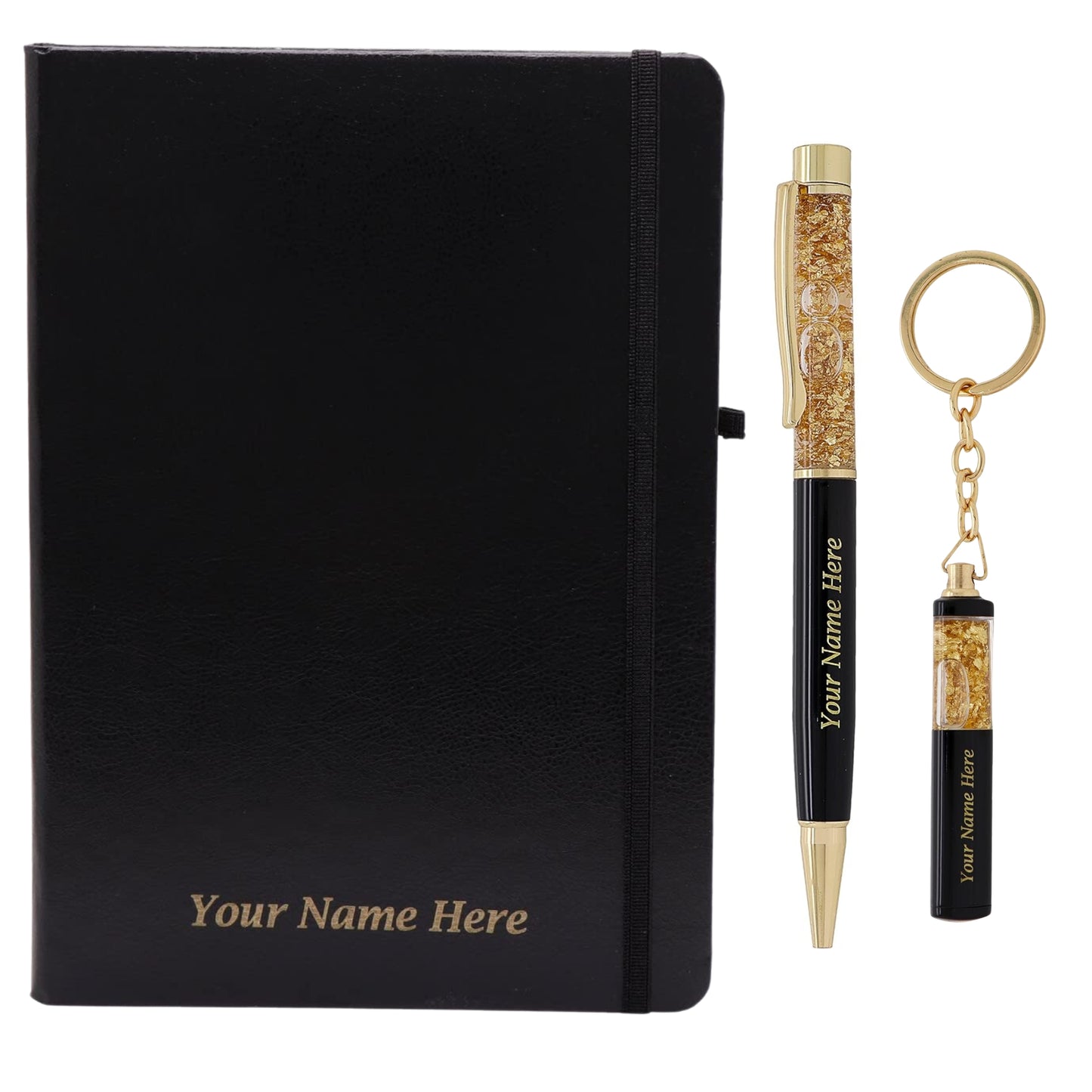 Crownlit Gift Set, Black and Gold Pen with Keychain and Notebook, Customizable Name