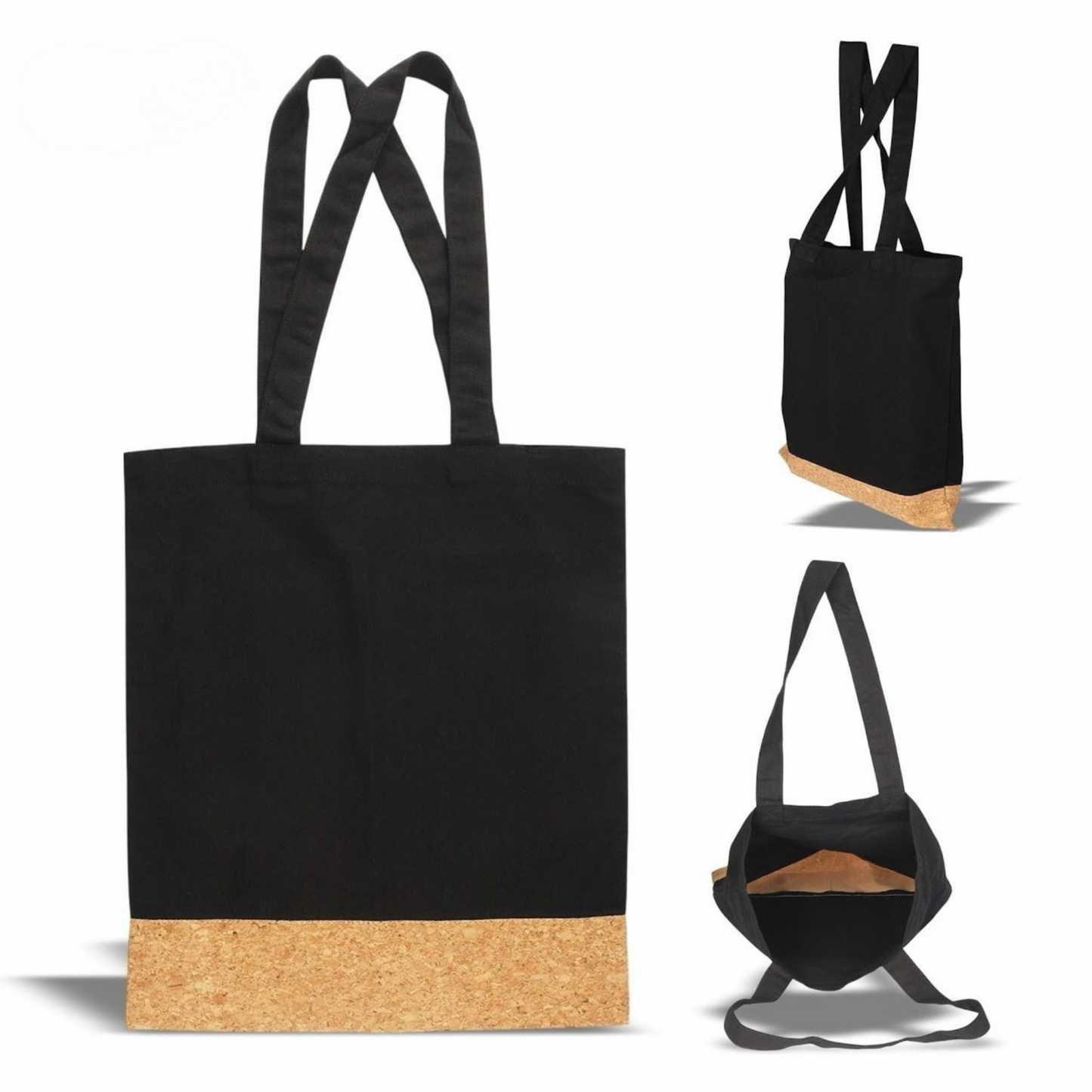 Canvas Tote Bag with Cork Base, 38 x 42 cm, Black, Pack of 2