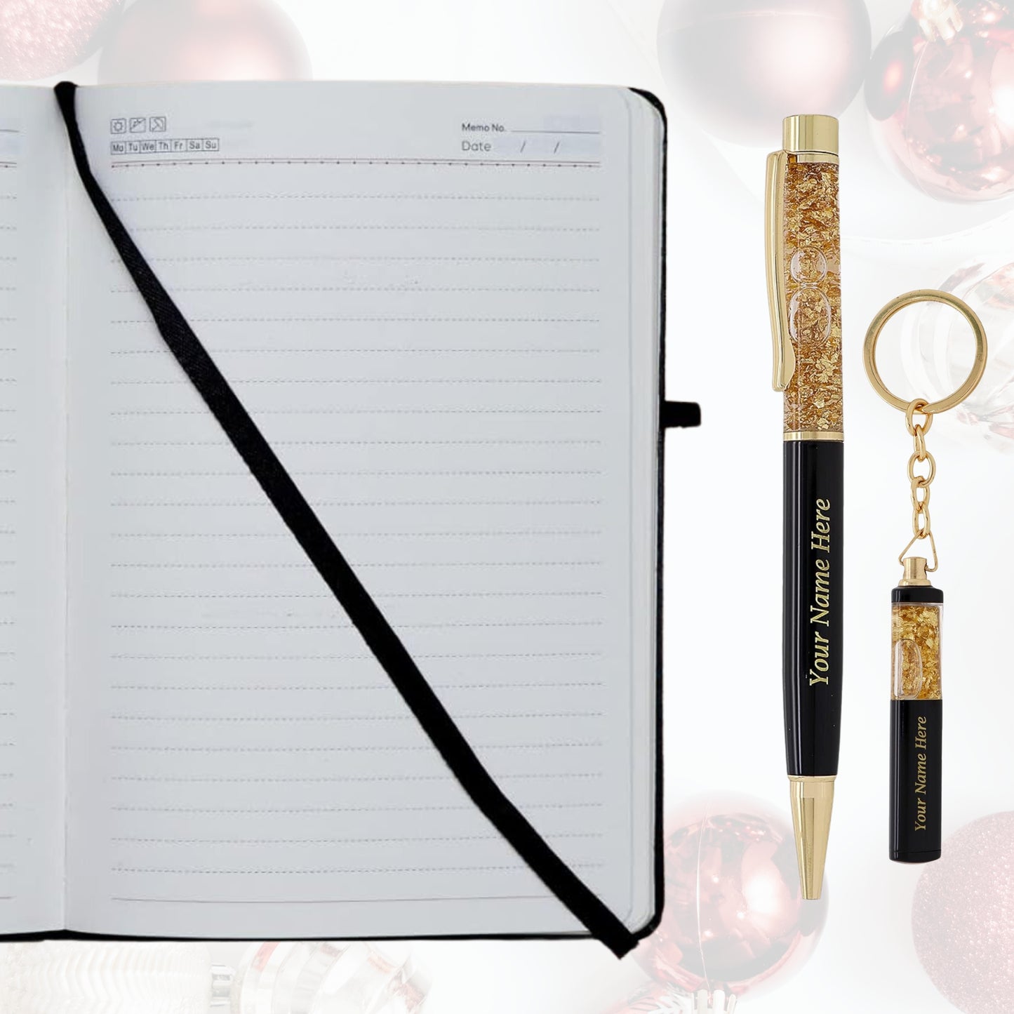 Crownlit Gift Set, Black and Gold Pen with Keychain and Notebook, Customizable Name