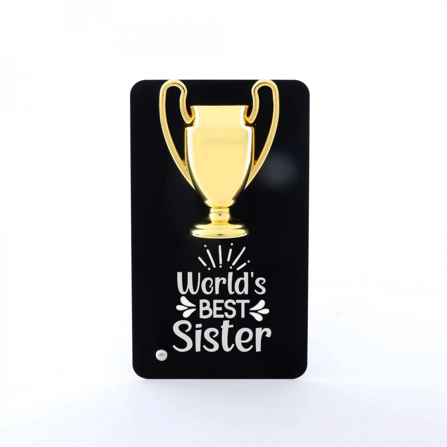 World's Best Sister Trophy Metal Stand, 16 x 9 cm, Black with Gold Trophy, Decorative Gift
