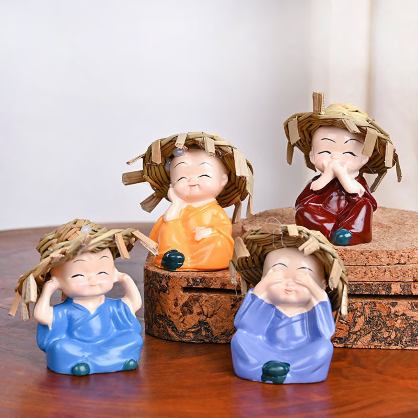 Set of 4 Cute Mini Monk Figurines with Straw Hats Smiling Buddha Monk Showpiece for Home, Car Dashboard & Office Décor