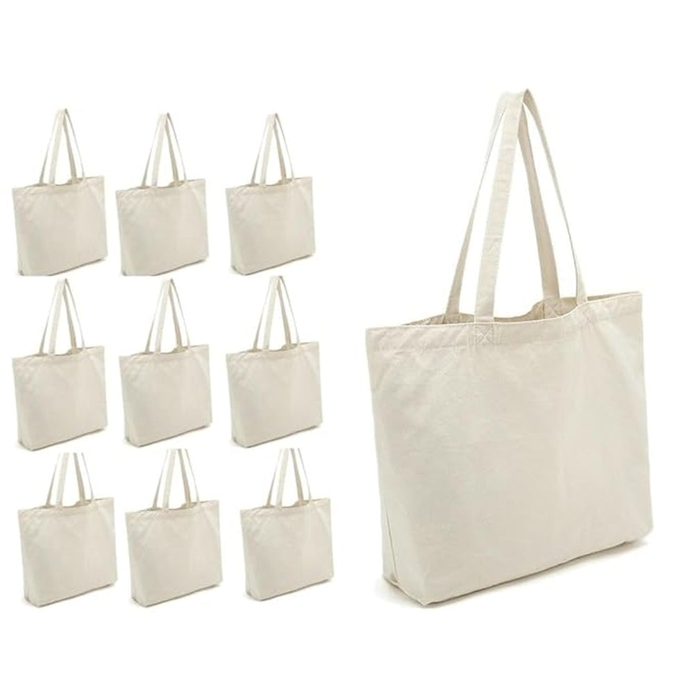 CrownLit Reusable Grocery Bags, Cotton Canvas Tote Bags for Shopping, Travel, Beach, Camping, Outdoor Activities, 16.5" x 14.5", Handle Length 12", Set of 10, Environment Friendly