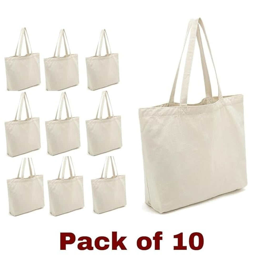 CrownLit Reusable Grocery Bags, Cotton Canvas Tote Bags for Shopping, Travel, Beach, Camping, Outdoor Activities, 16.5" x 14.5", Handle Length 12", Set of 10, Environment Friendly