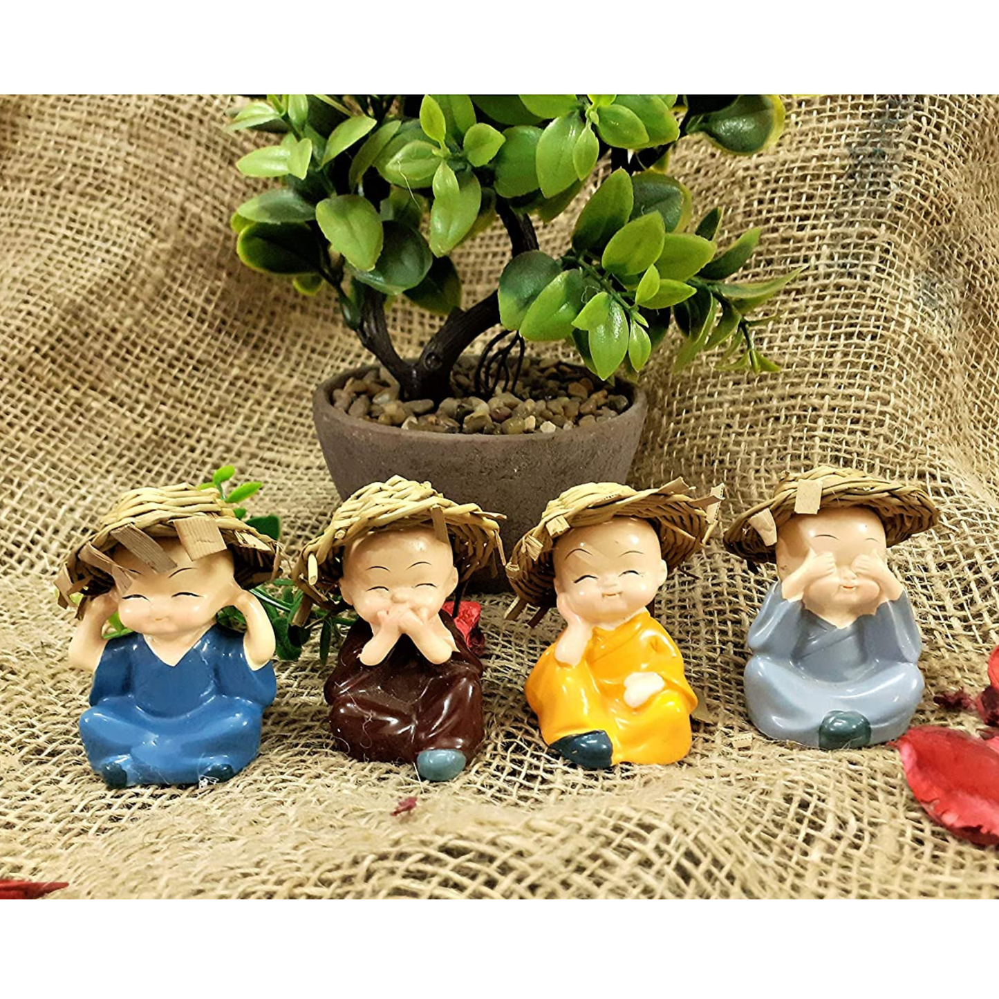 Set of 4 Cute Mini Monk Figurines with Straw Hats Smiling Buddha Monk Showpiece for Home, Car Dashboard & Office Décor