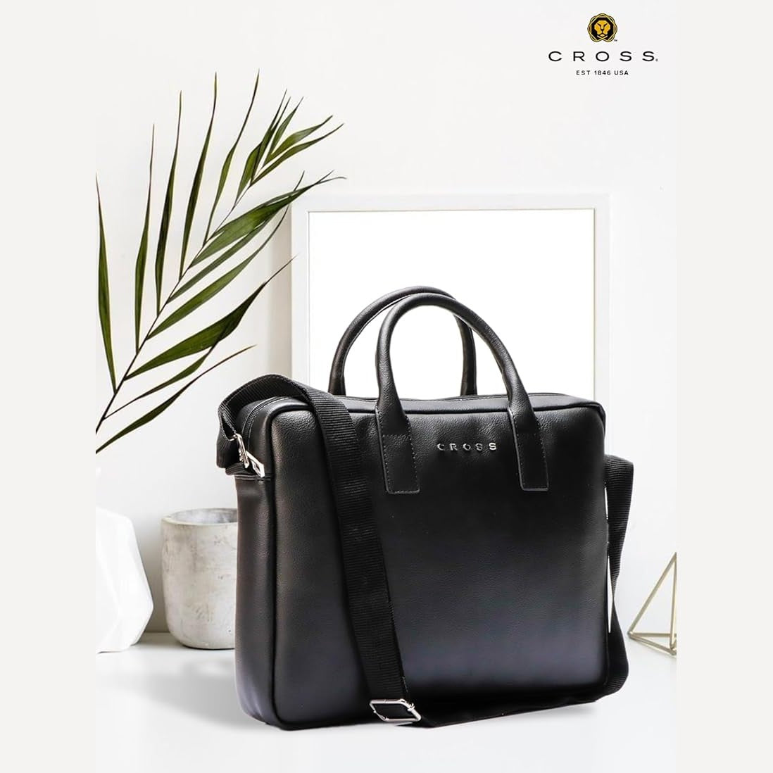 Cross Black Leather Laptop Bag | 14" Laptop Compartment | Premium Office & Travel Briefcase for Men