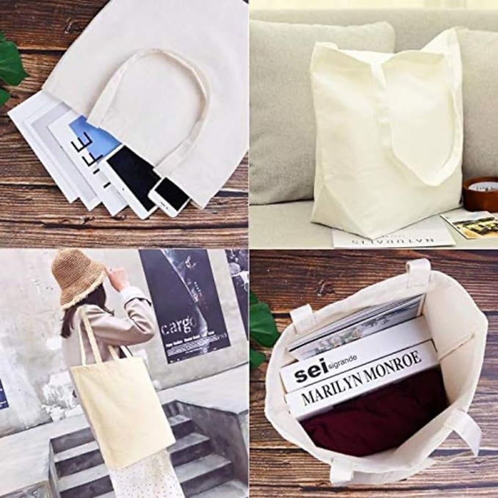 CrownLit Reusable Grocery Bags, Cotton Canvas Tote Bags for Shopping, Travel, Beach, Camping, Outdoor Activities, 16.5" x 14.5", Handle Length 12", Set of 10, Environment Friendly