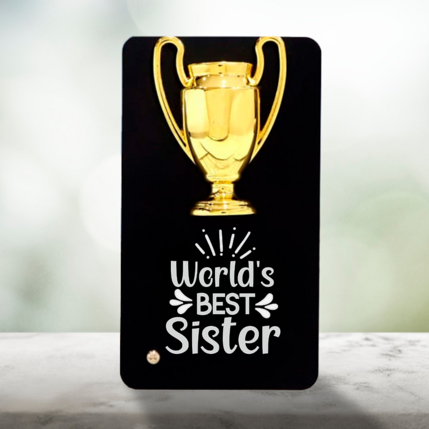 World's Best Sister Trophy Metal Stand, 16 x 9 cm, Black with Gold Trophy, Decorative Gift