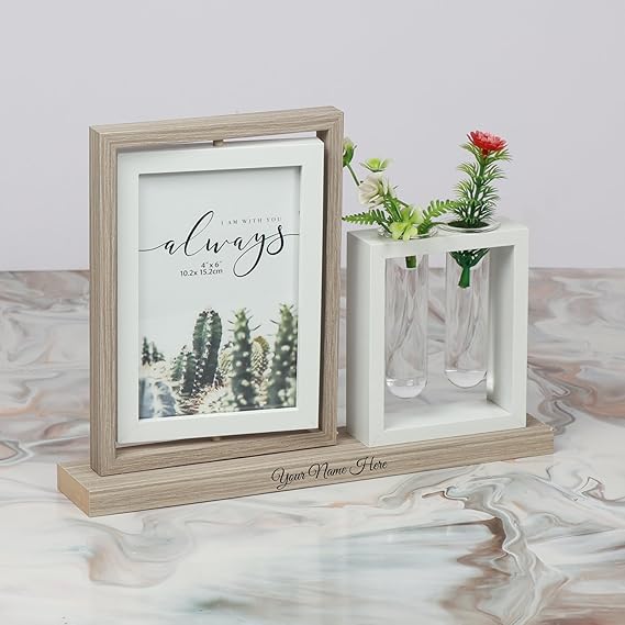 Personalized Photo Frame with Vase Stand, 14x18 cm, Wooden Base, Double Display, Name Engraving