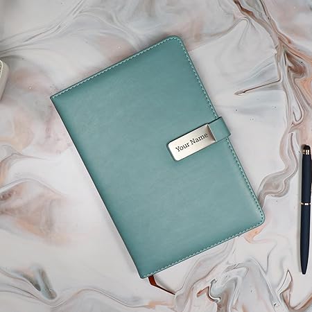 Personalized Magnetic Diary with Name Plate, Cyan PU Leather Cover, Hardbound, A5 size