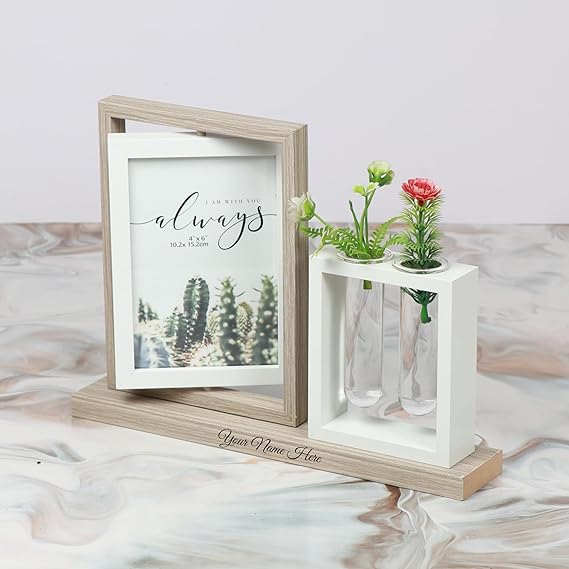 Personalized Photo Frame with Vase Stand, 14x18 cm, Wooden Base, Double Display, Name Engraving