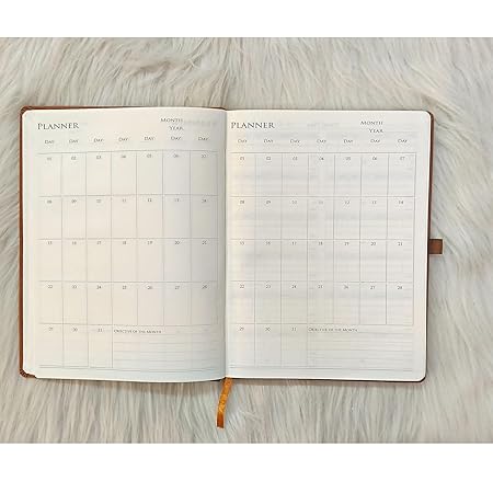 B5 Brown Leather-Look Planner, Monthly Calendar Diary with Elastic Lock, Hardcover Notebook for Office, Journal Writing 6.9 x 9.8inch