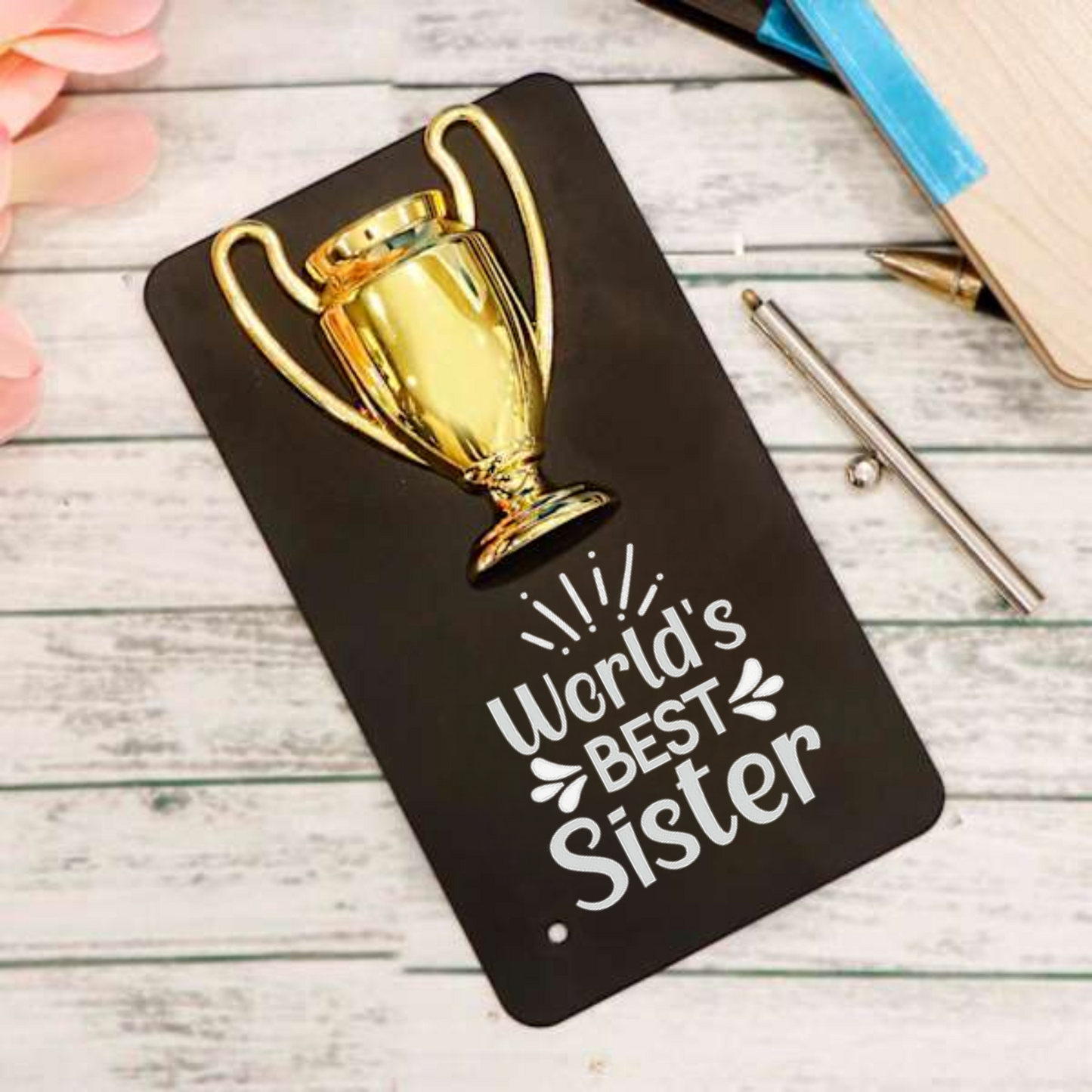 World's Best Sister Trophy Metal Stand, 16 x 9 cm, Black with Gold Trophy, Decorative Gift