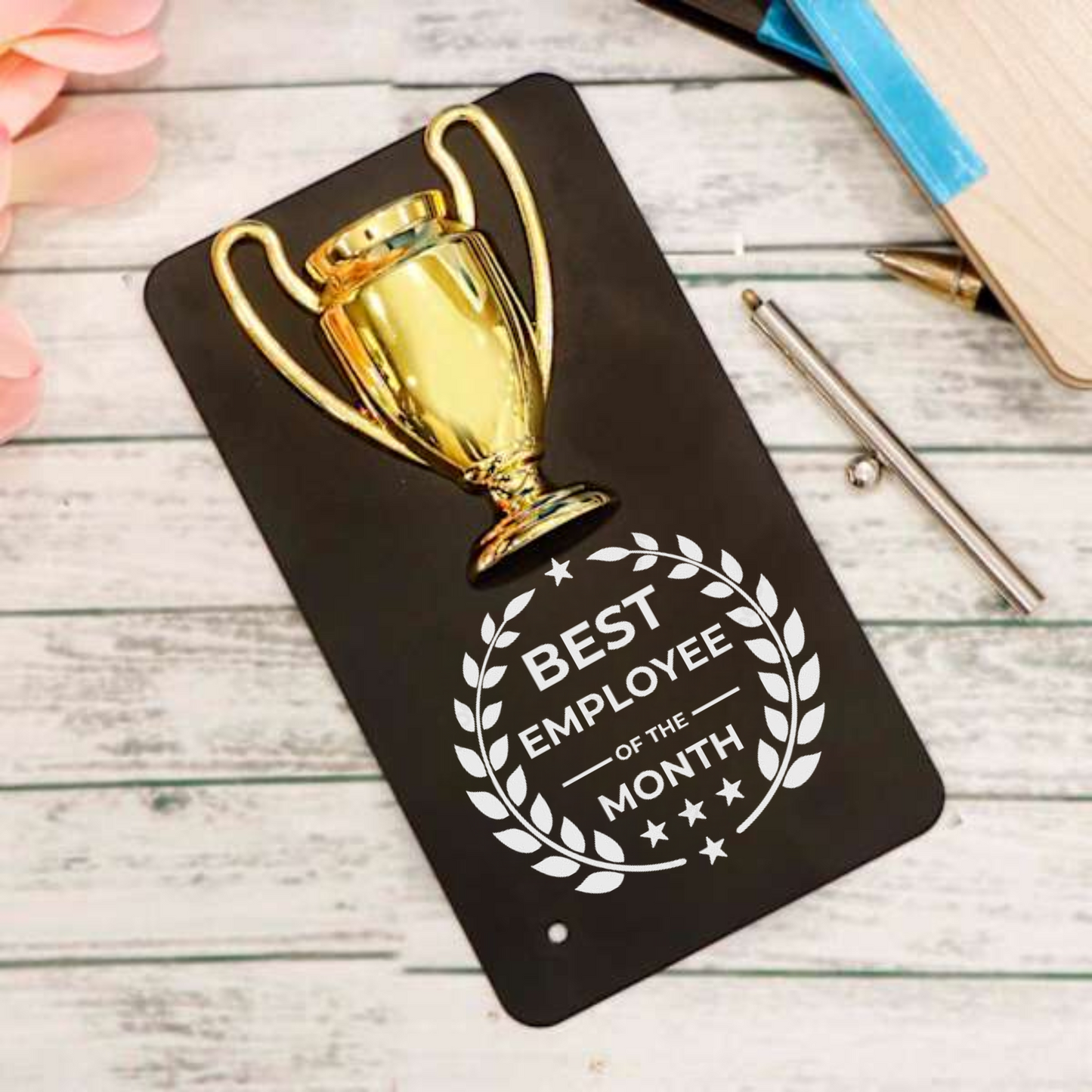 Metal Trophy Plaque, Best Employee of the Month Award, 16 cm x 9 cm, Black and Gold