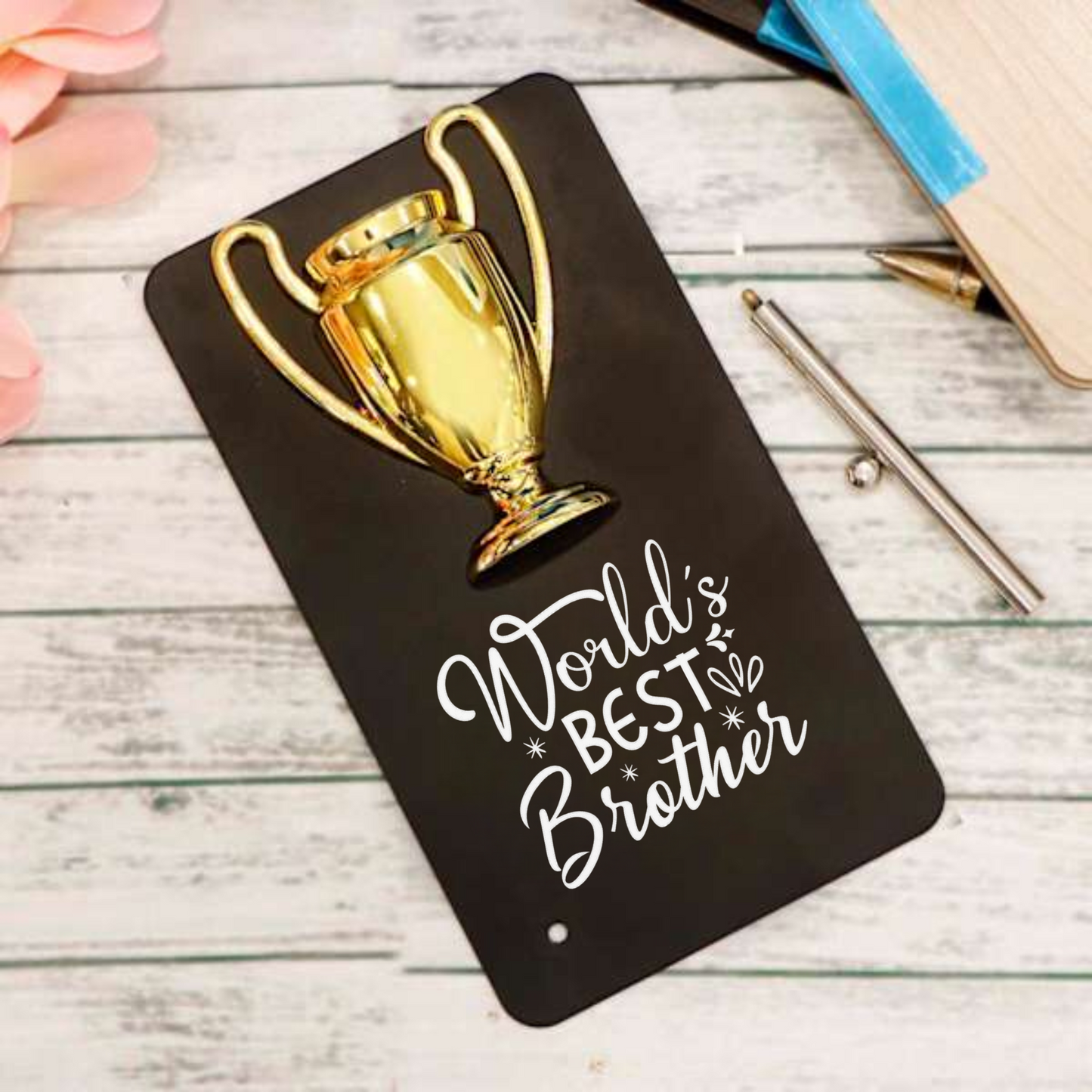 Crownlit World's Best Brother Metal Plaque with Golden Trophy, 16 x 9 cm, Black Decorative Stand, Gift for Raksha Bandhan