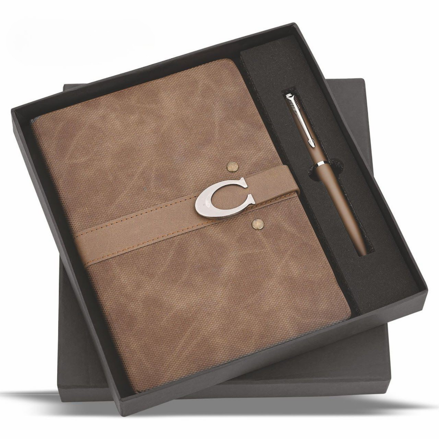 Personalized Magnetic Leather Notebook Gift Set with Pen, Brown, Customizable Name Plate