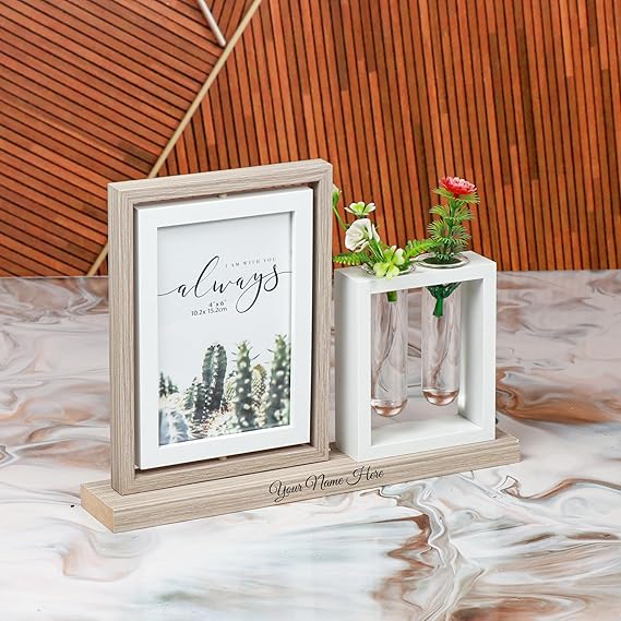 Personalized Photo Frame with Vase Stand, 14x18 cm, Wooden Base, Double Display, Name Engraving