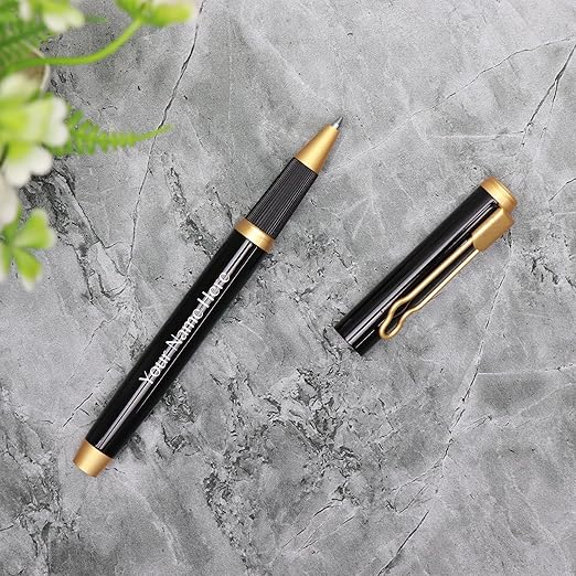 CrownLit Customizable Metal Pen with Laser Engraving, Black and Gold, Magnetic Cap, Roller Gel Ink