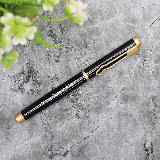 CrownLit Customizable Metal Pen with Laser Engraving, Black and Gold, Magnetic Cap, Roller Gel Ink