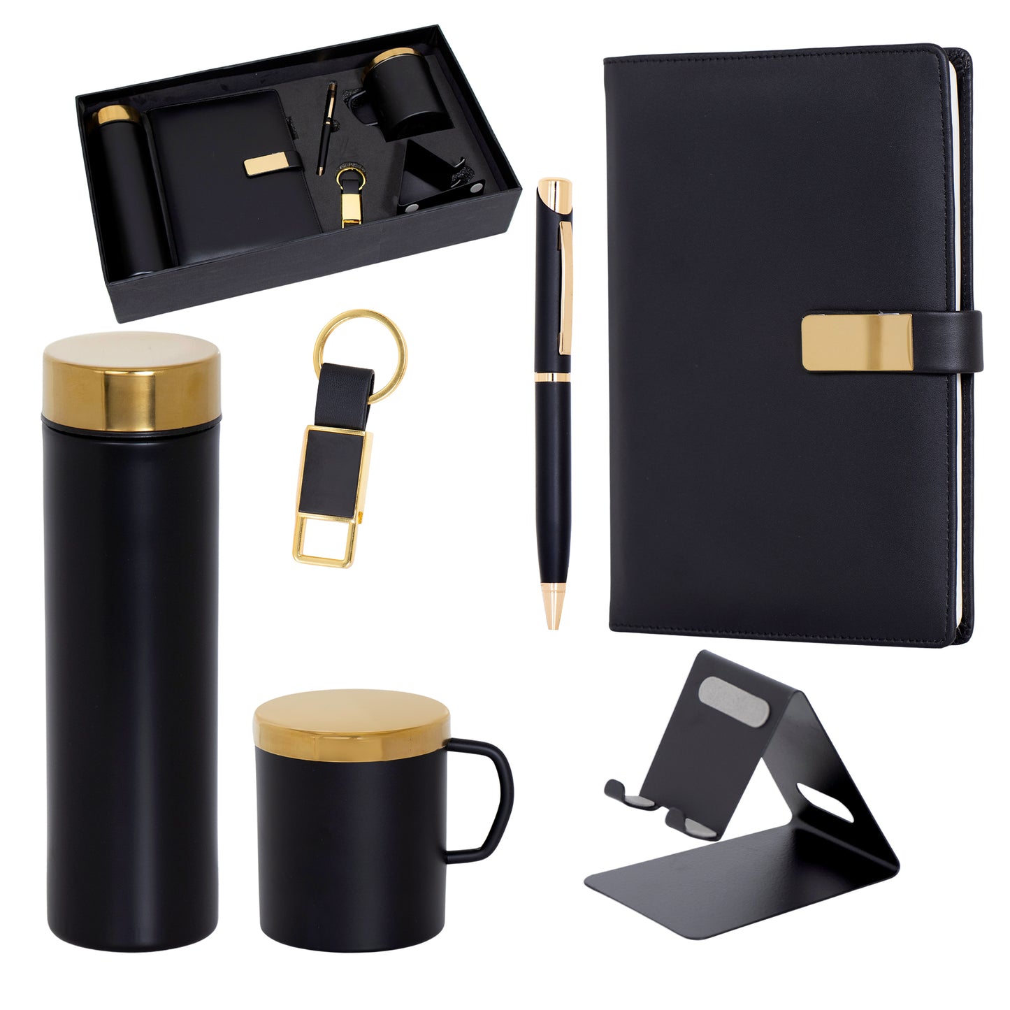 Personalized 6-in-1 Combo Gift Set with 500ml Steel Bottle, Coffee Mug, Mobile Stand, Ball Pen, Keychain, A5 Diary, Black/Gold