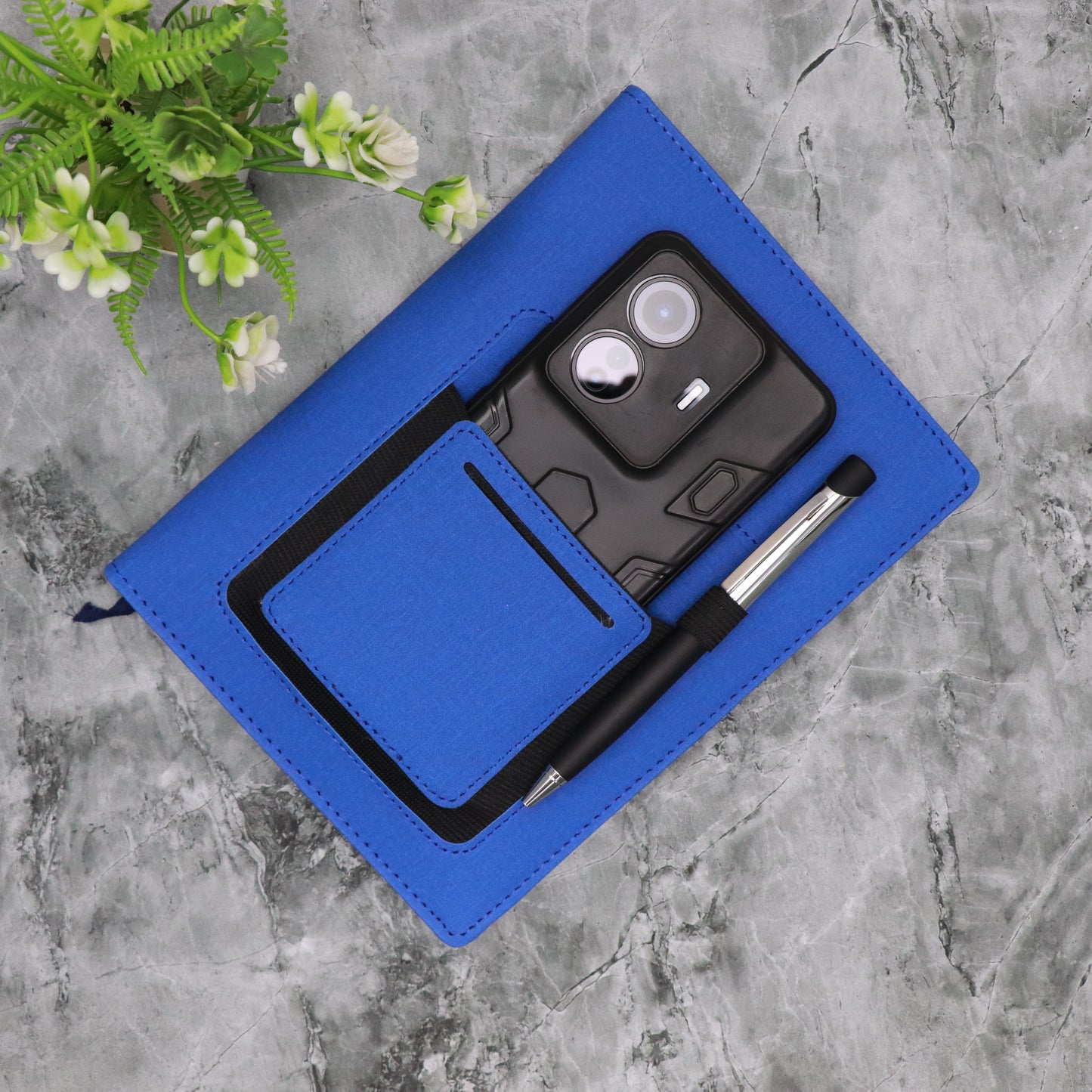 CrownLit A5 Customizable Blue Diary with Pouch, 21 x 15 cm, Hardbound Cover, Fabric Covering, Planner