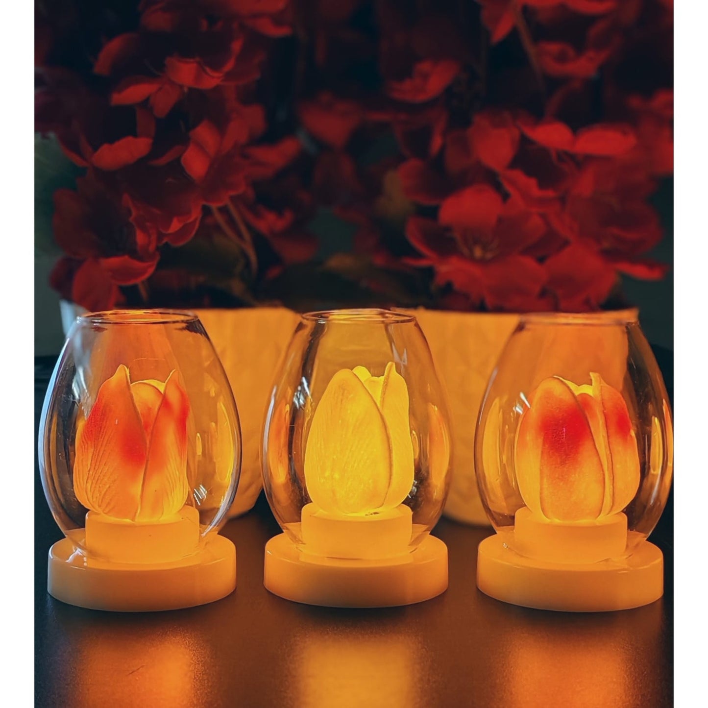CrownLit LED Tulip Glass Table Lamp, Battery Operated, Decorative Mood Light, Orange Glow Pack of Two