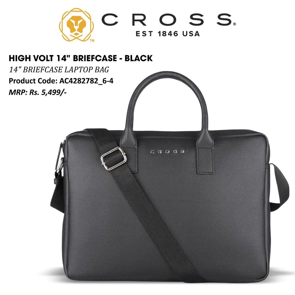Cross Black Leather Laptop Bag | 14" Laptop Compartment | Premium Office & Travel Briefcase for Men
