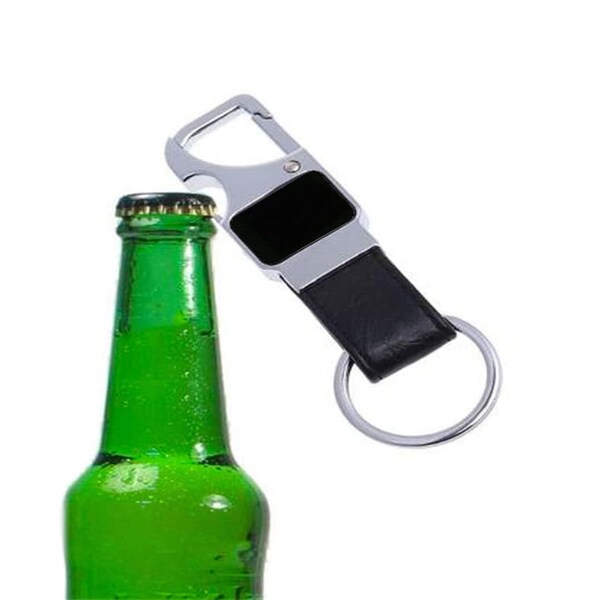 Personalised Metal Keychain with Bottle Opener, Pack of 10, Black Leather Loop, 10 cm x 3.3 cmz