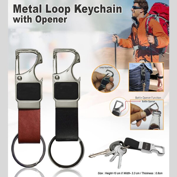 Personalised Metal Keychain with Bottle Opener, Pack of 10, Black Leather Loop, 10 cm x 3.3 cmz