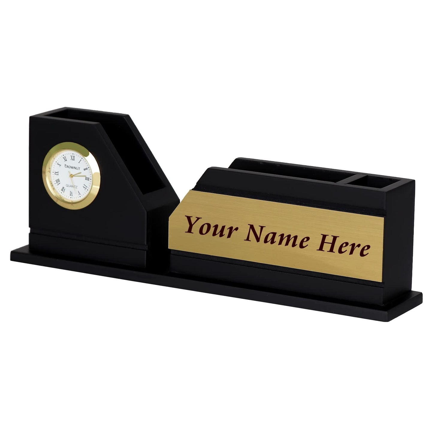 Desk Organiser with Table Clock, Black & Gold