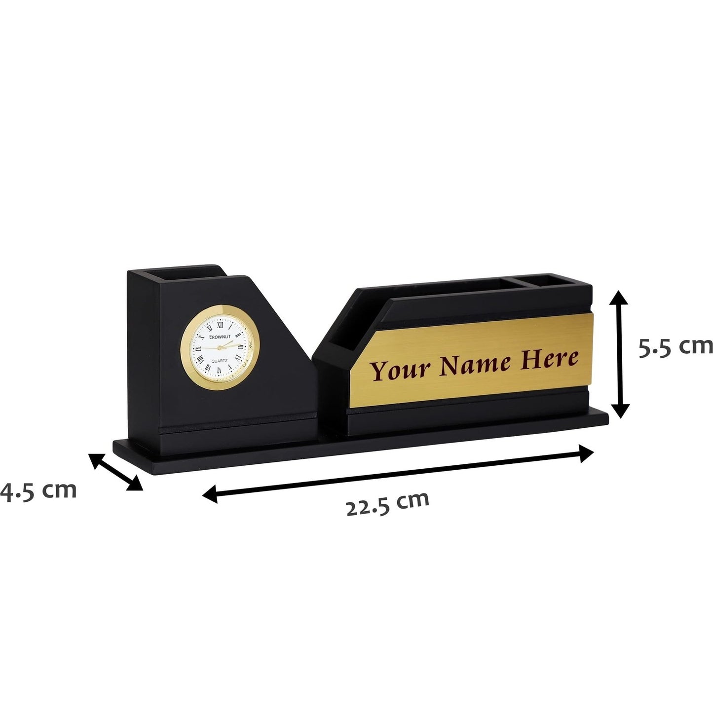 Desk Organiser with Table Clock, Black & Gold