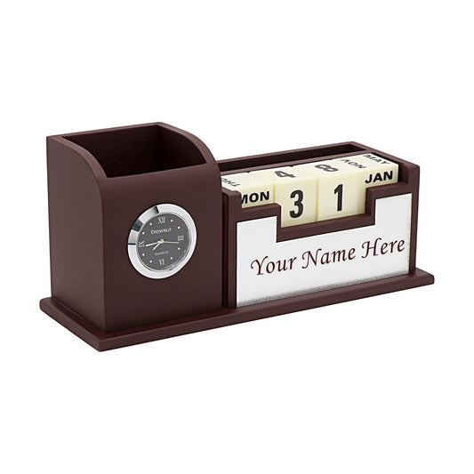 Wooden Desk Organizer Pen Stand with Calendar, Color : Brown & Silver