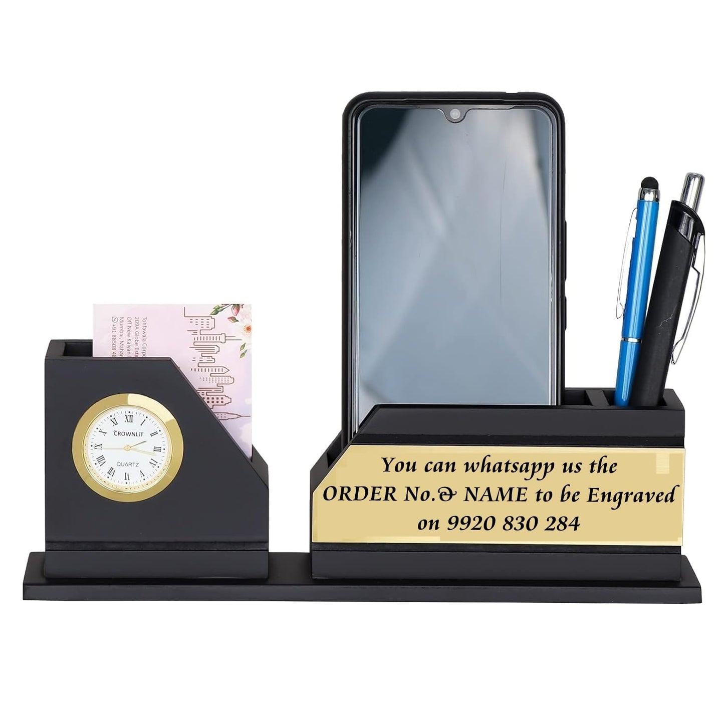 Desk Organiser with Table Clock, Black & Gold