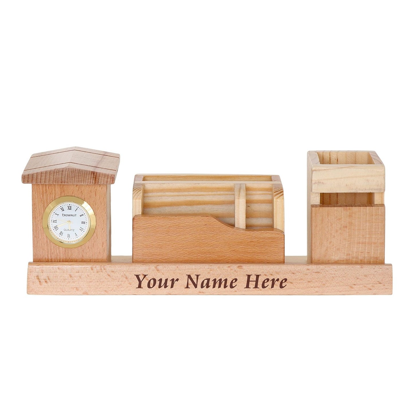 Wood Table Clock: Pen Holder, Mobile Stand & Cardholder