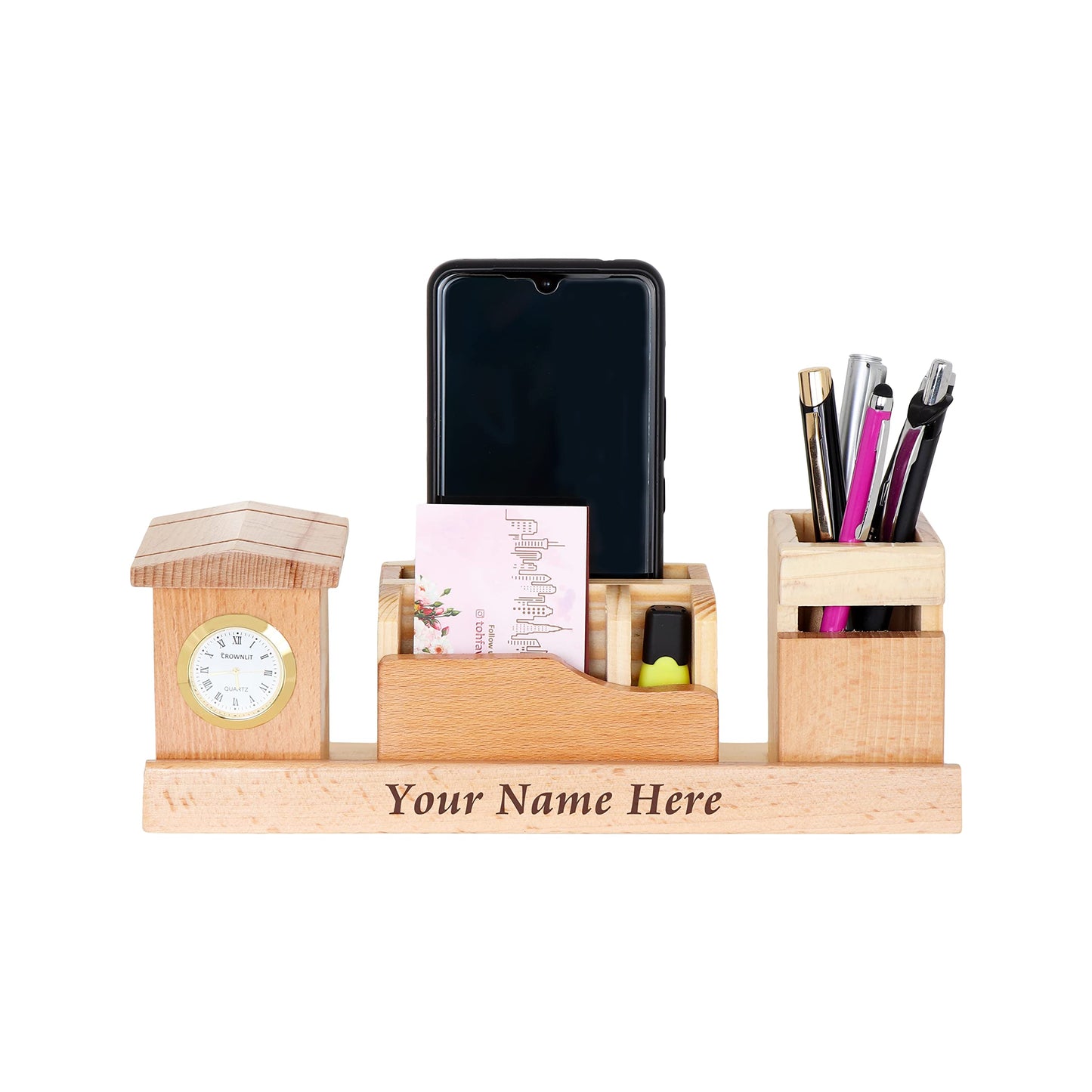 Wood Table Clock: Pen Holder, Mobile Stand & Cardholder