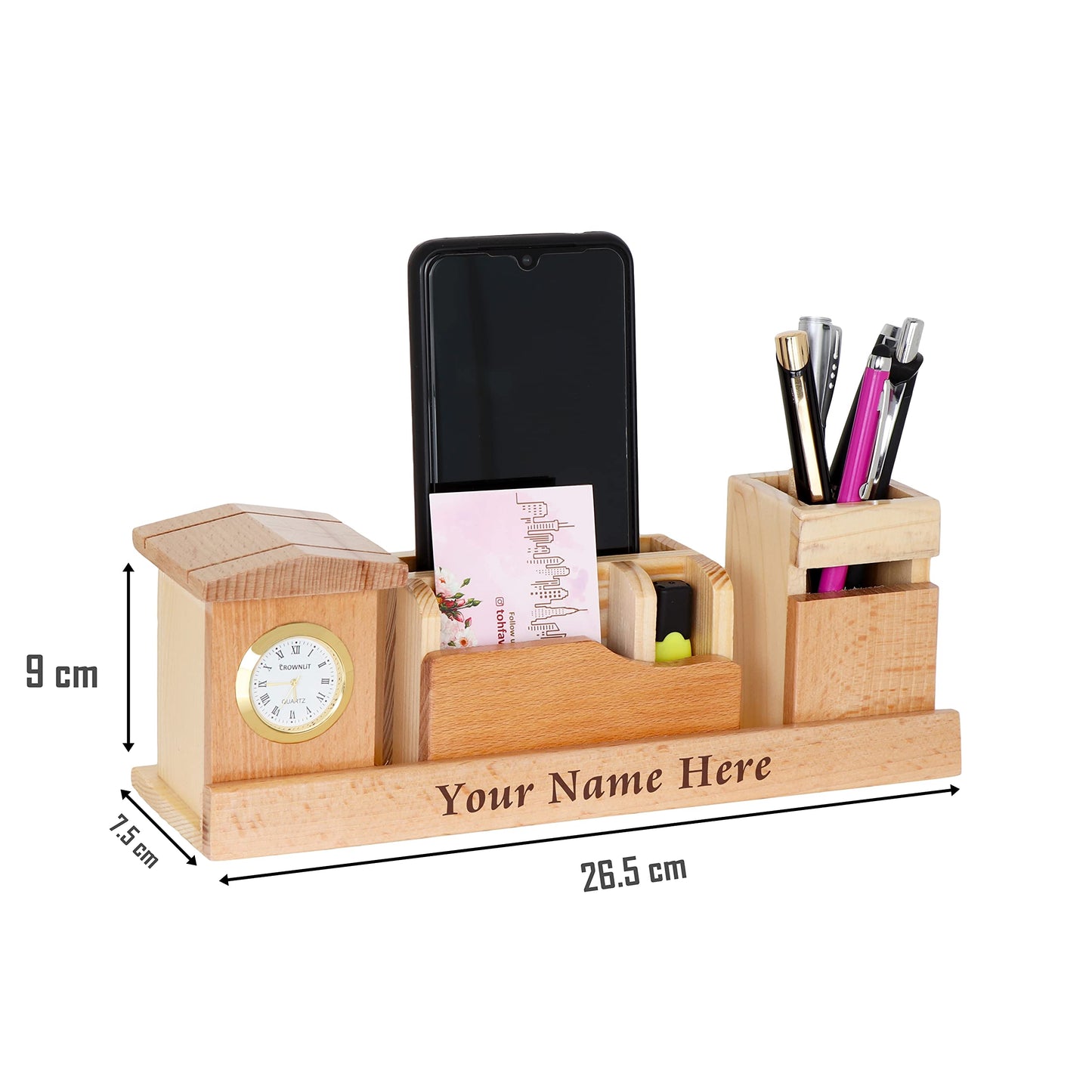 Wood Table Clock: Pen Holder, Mobile Stand & Cardholder