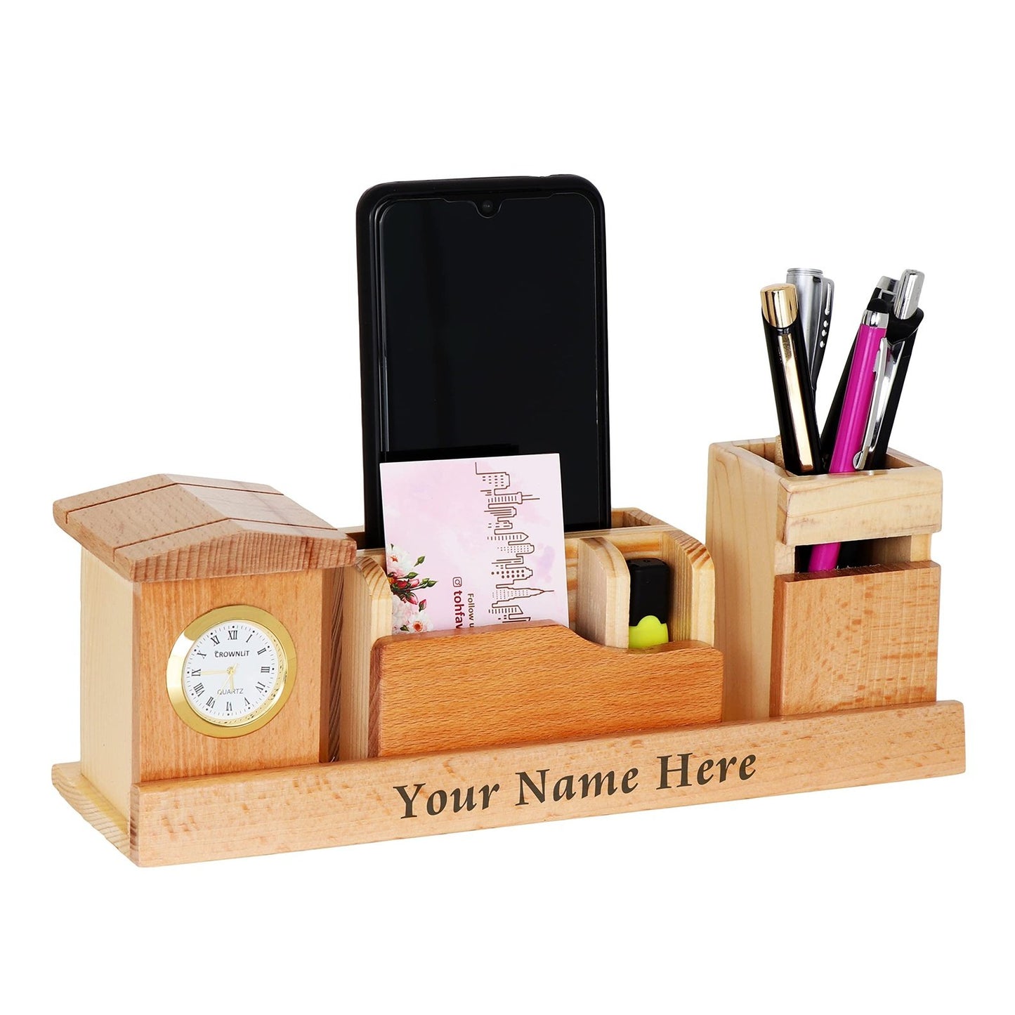 Wood Table Clock: Pen Holder, Mobile Stand & Cardholder