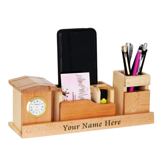 Wood Table Clock: Pen Holder, Mobile Stand & Cardholder