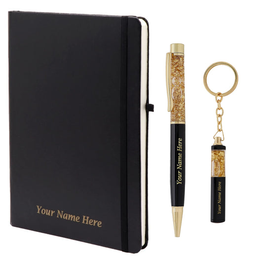 Crownlit Gift Set, Black and Gold Pen with Keychain and Notebook, Customizable Name