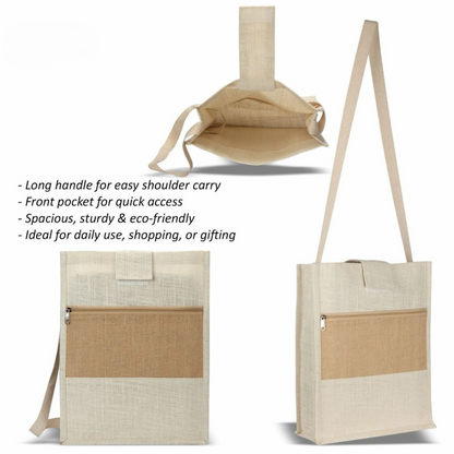 Jute Shoulder Bag with Long Handle, Front Pocket, Pack of 2.