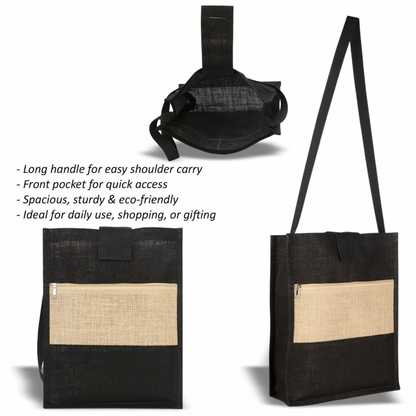 Jute Shoulder Bag with Front Pocket, Pack of 2, Black and Beige, Long Handle, Spacious Design