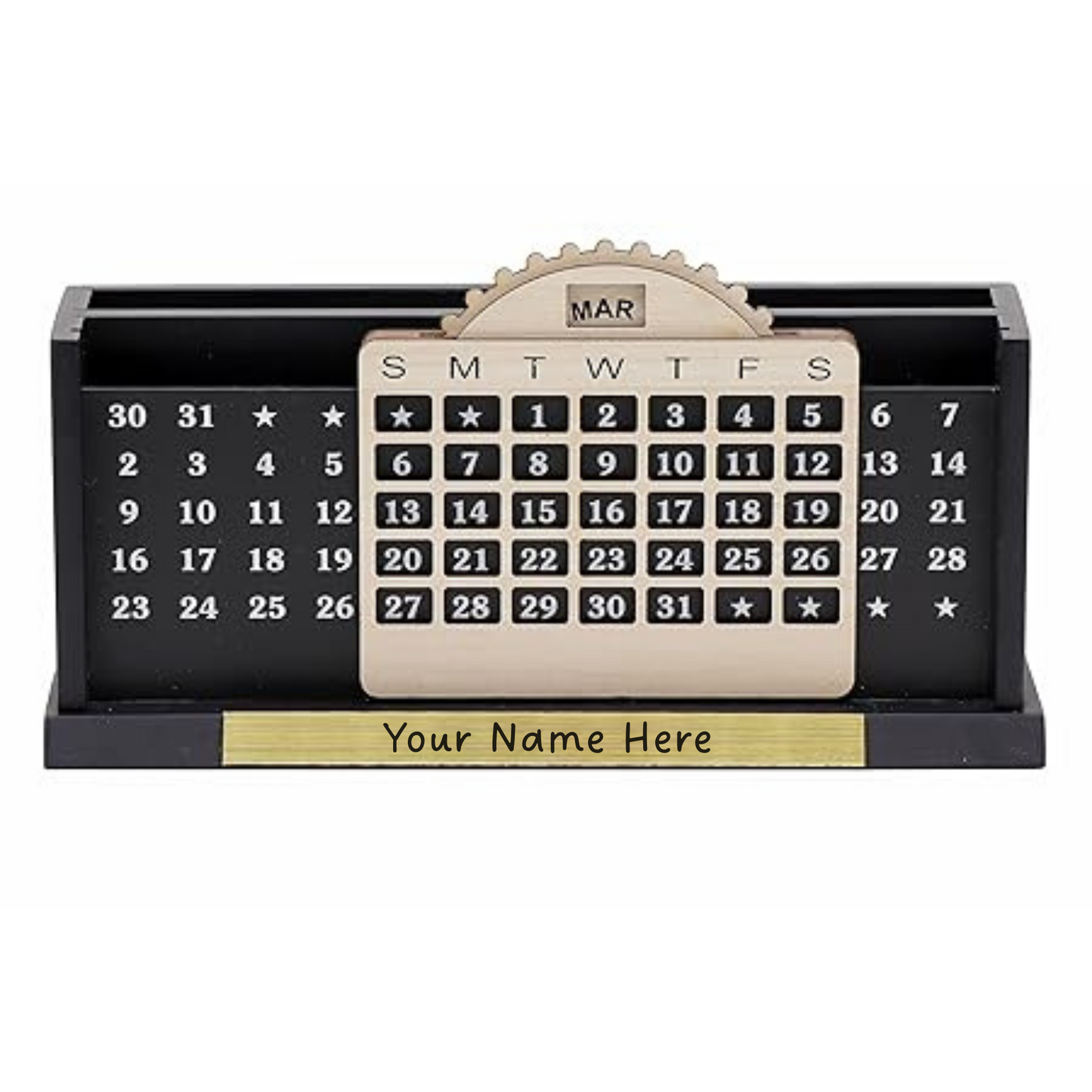 Personalized Desk Calendar with Name Plate, Lifetime Calendar Organiser, Black and Beige