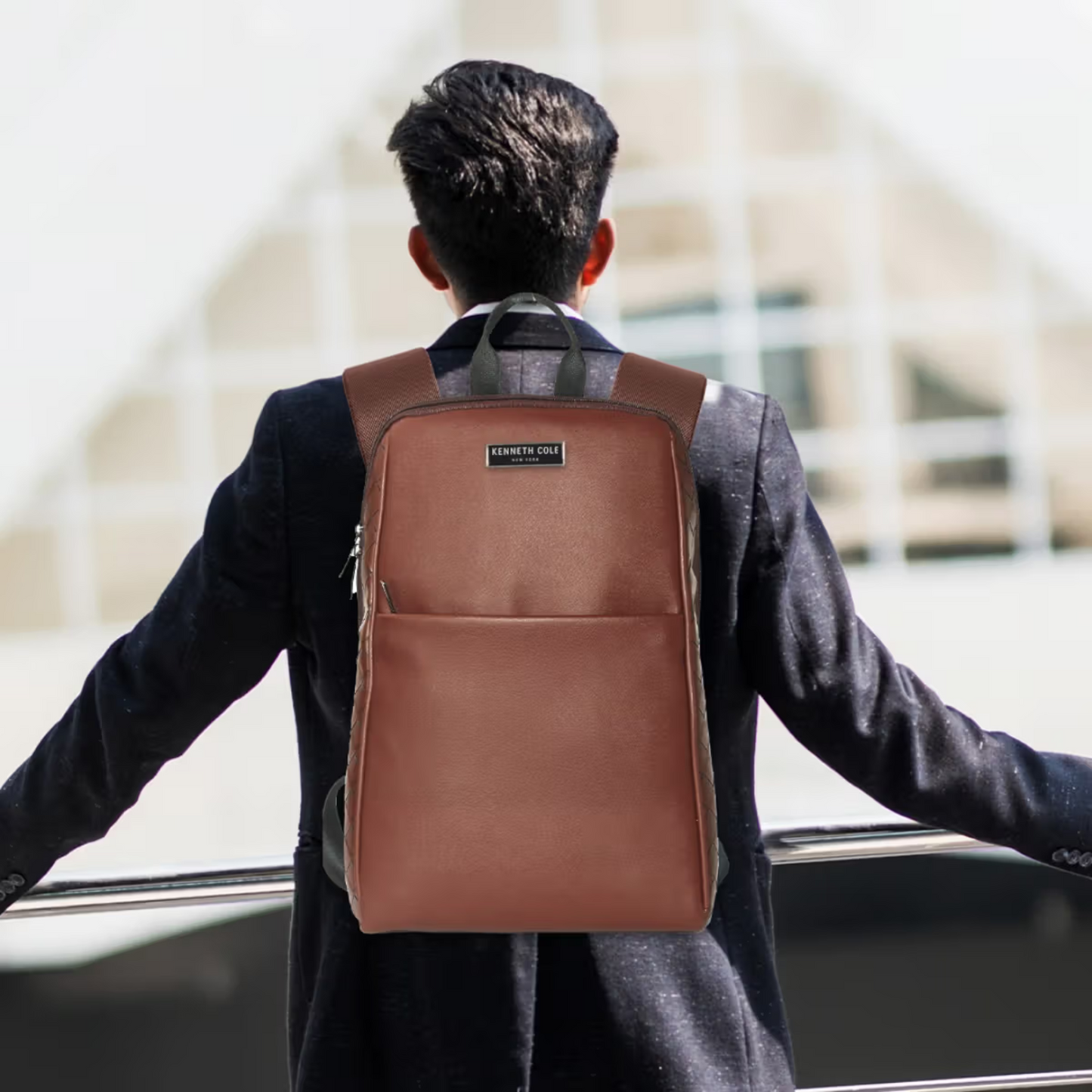 Kenneth Cole Leather Finish Slim Backpack – Elegant Brown, Professional & Stylish