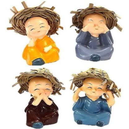 Set of 4 Cute Mini Monk Figurines with Straw Hats Smiling Buddha Monk Showpiece for Home, Car Dashboard & Office Décor