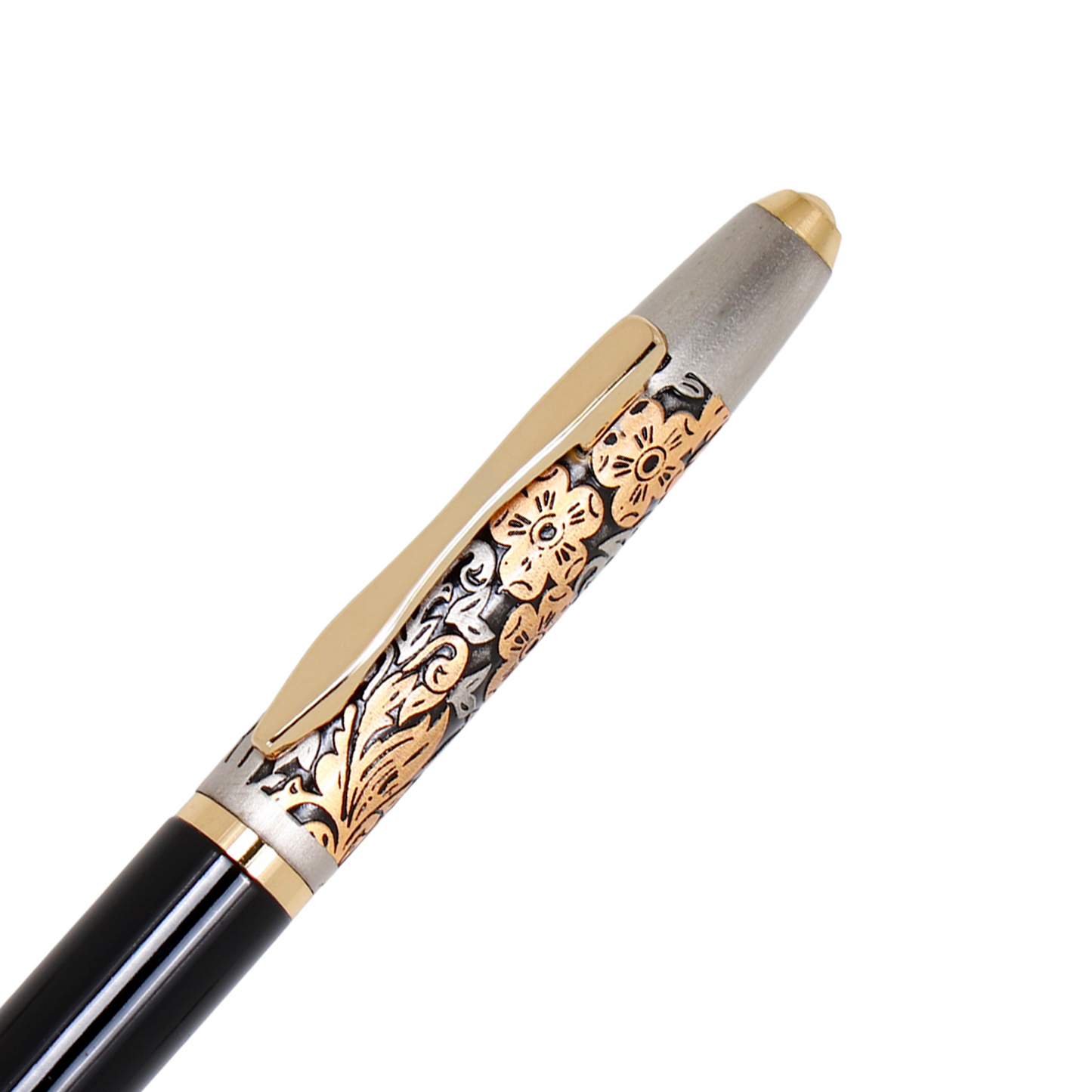 CrownLit Metallic Floral Design Magnetic Cap Roller Gel Pen, Customizable, Black and Gold