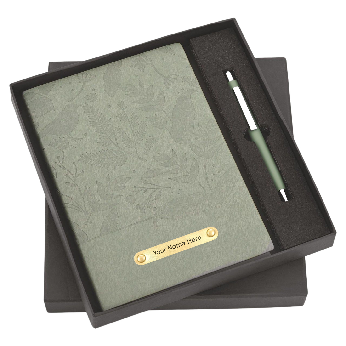 Personalised Floral Embossed Notebook with Pen Gift Set, Rose Gold Name Plate, Premium Gift Box (Forest Green)
