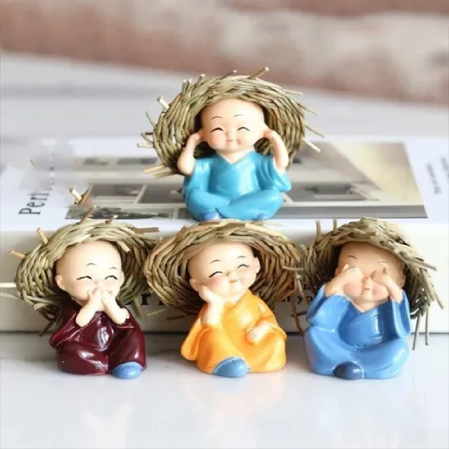 Set of 4 Cute Mini Monk Figurines with Straw Hats Smiling Buddha Monk Showpiece for Home, Car Dashboard & Office Décor