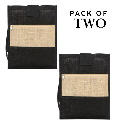 Jute Shoulder Bag with Front Pocket, Pack of 2, Black and Beige, Long Handle, Spacious Design
